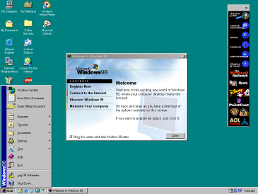 Screenshot of a Windows 98 desktop showing the Welcome Screen, Active Desktop, and Start menu