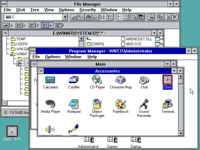Screenshot of Windows NT 3.1 with Accessories and Program Manager open