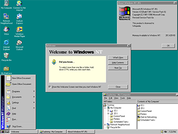 Screenshot of a Windows NT 4.0 desktop displaying the Welcome screen, Windows Explorer, and Start menu