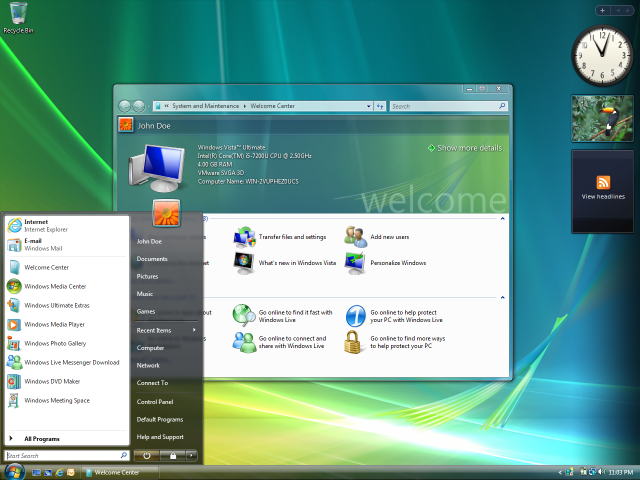 Screenshot of Windows Vista desktop displaying the Welcome Center and Start menu