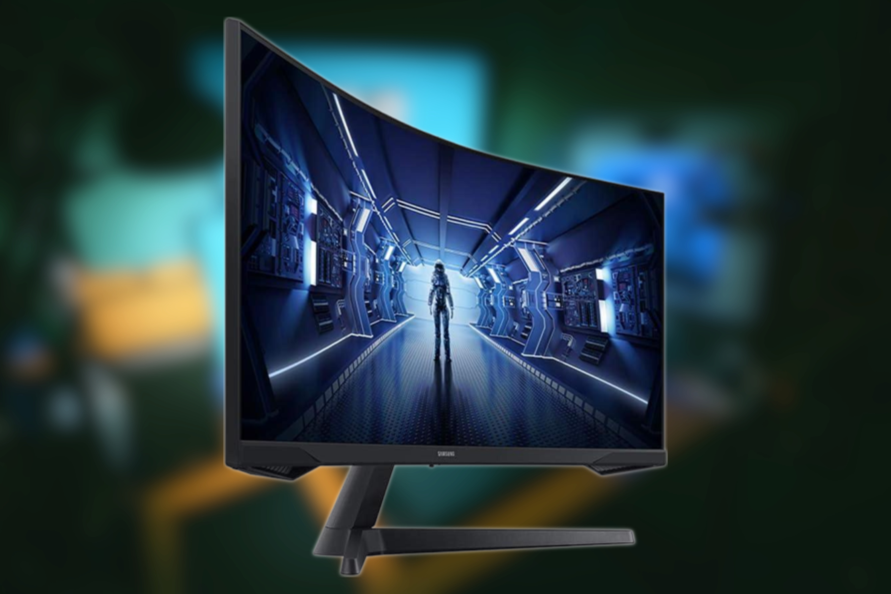 SAMSUNG 34-Inch Odyssey G5 Ultra-Wide Gaming Monitor on blurred background with space image on screen