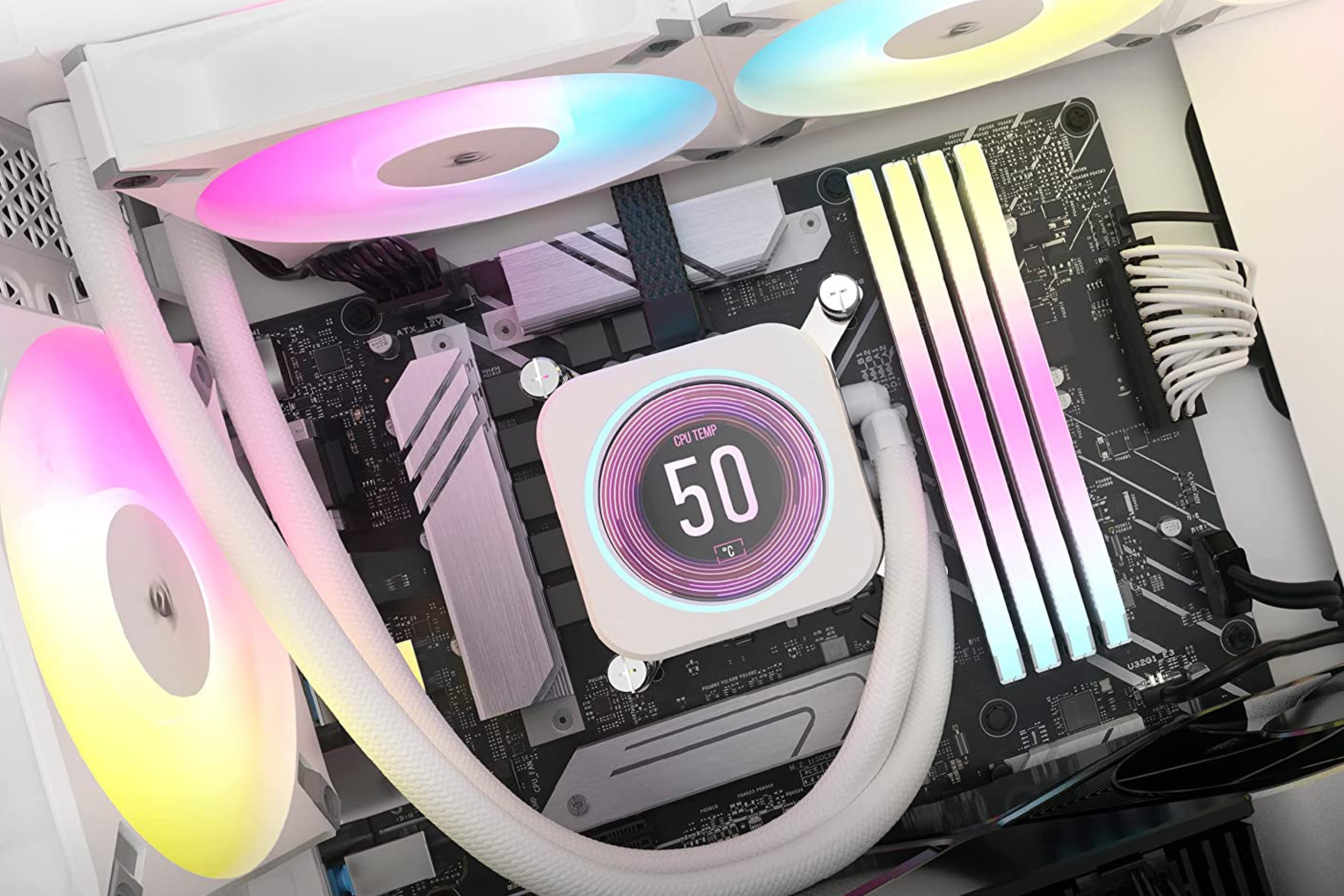 Corsair iCUE H150i Elite LCD XT Liquid CPU Cooler in a PC glowing with RGB lighting