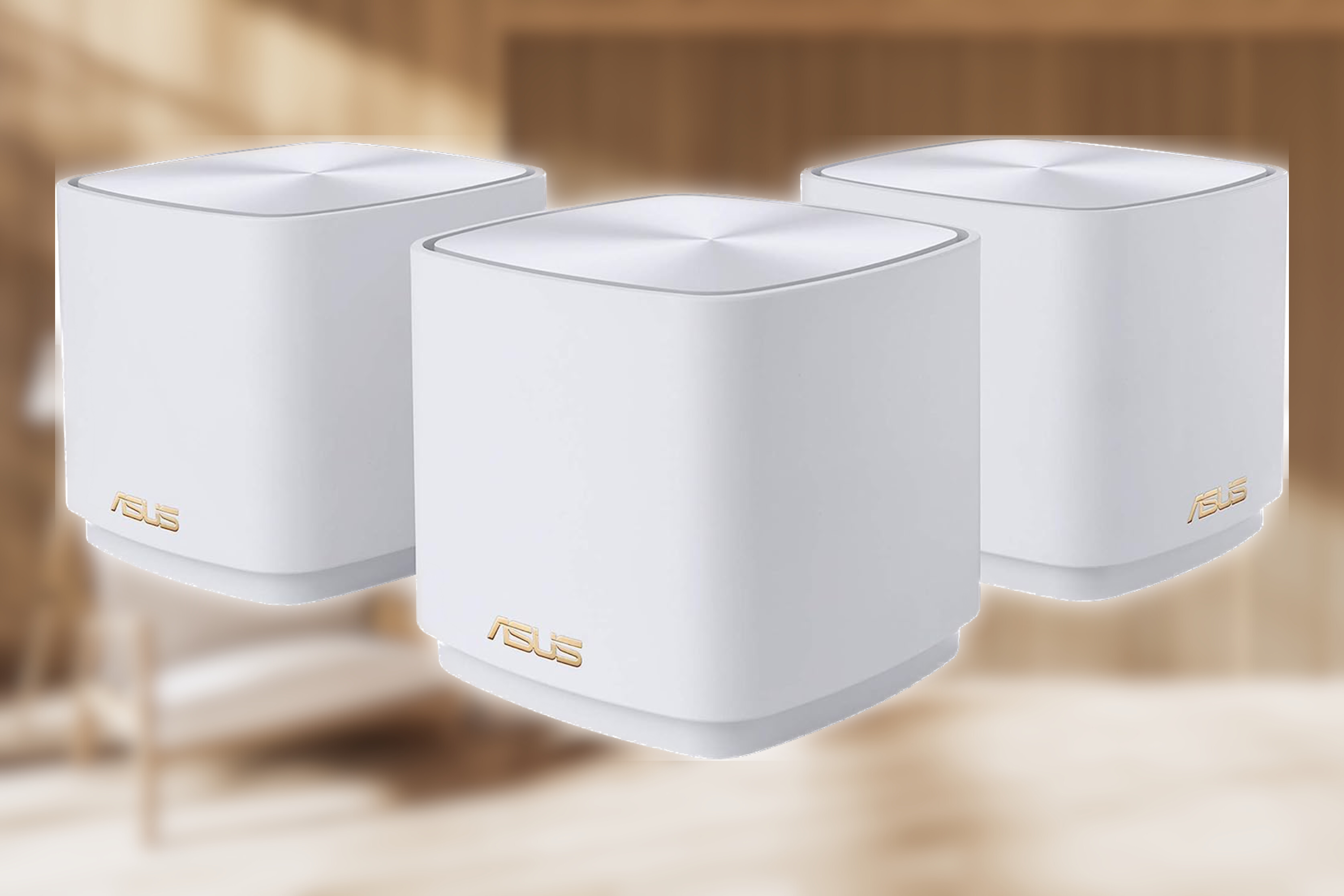 ASUS ZenWiFi AX Mini, sistema Mesh WiFi 6 frente a la sala de estar, imagen borrosa