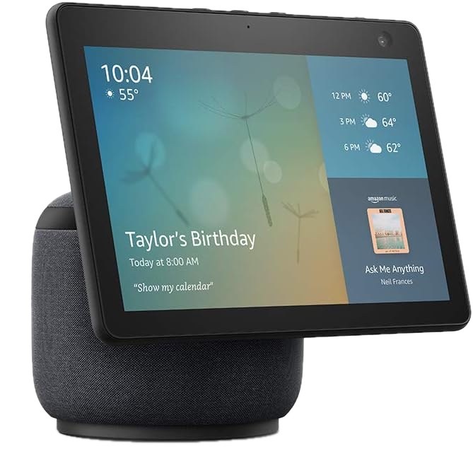 Amazon Echo Show 10 (3.ª generación) en color negro con pantalla encendida