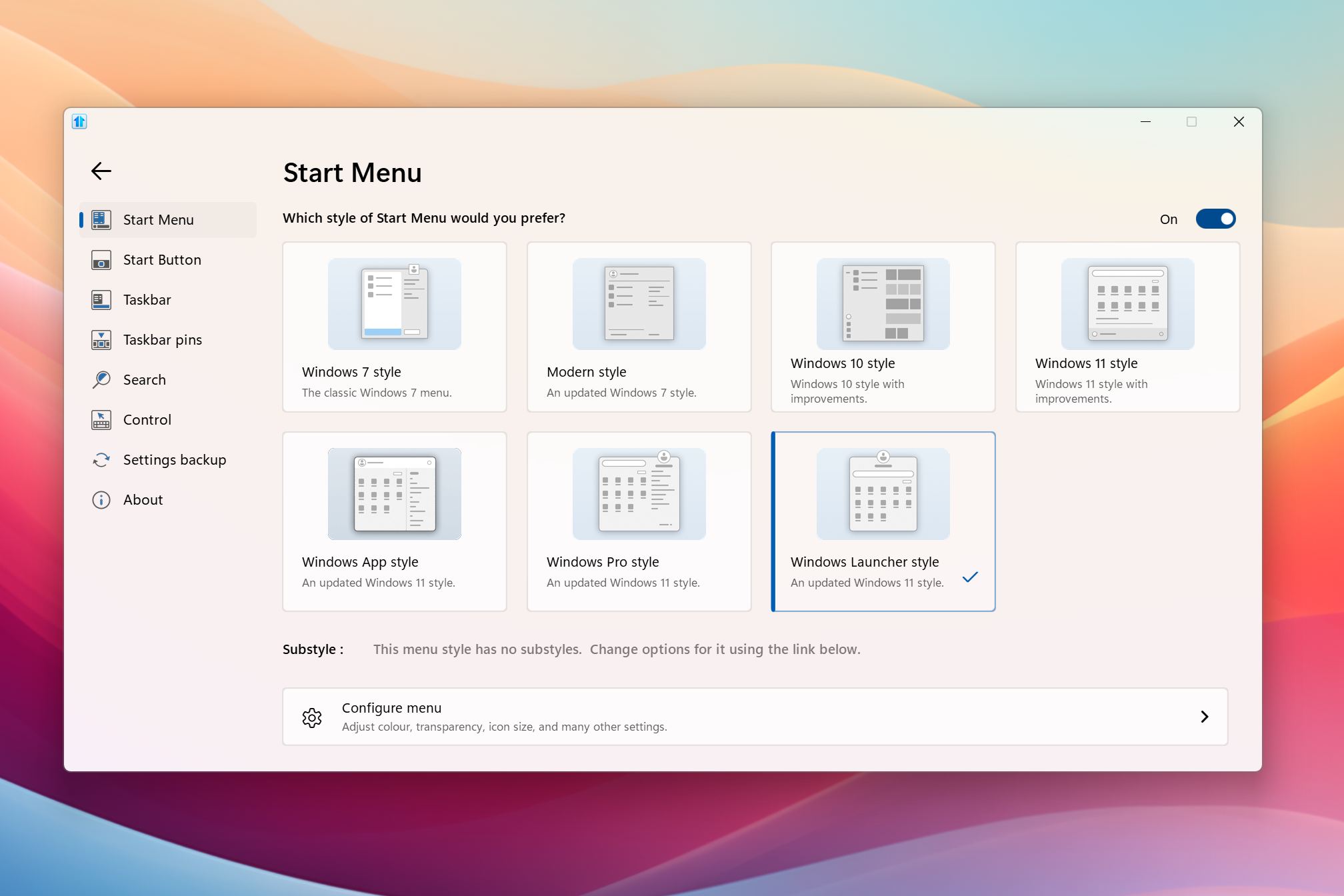 Screenshot of the Start11 Start menu configuration page showing new styles in Start11 v2
