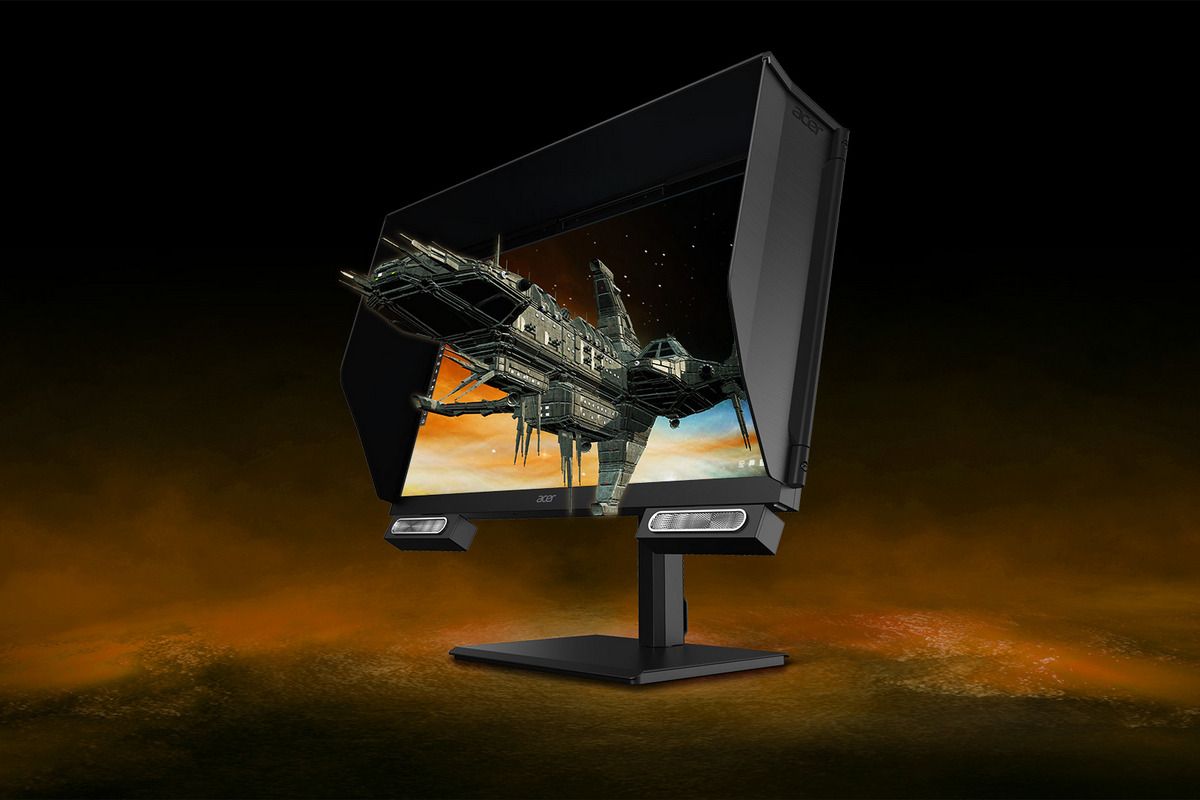 Uma espaçonave futurista voando de um monitor de desktop