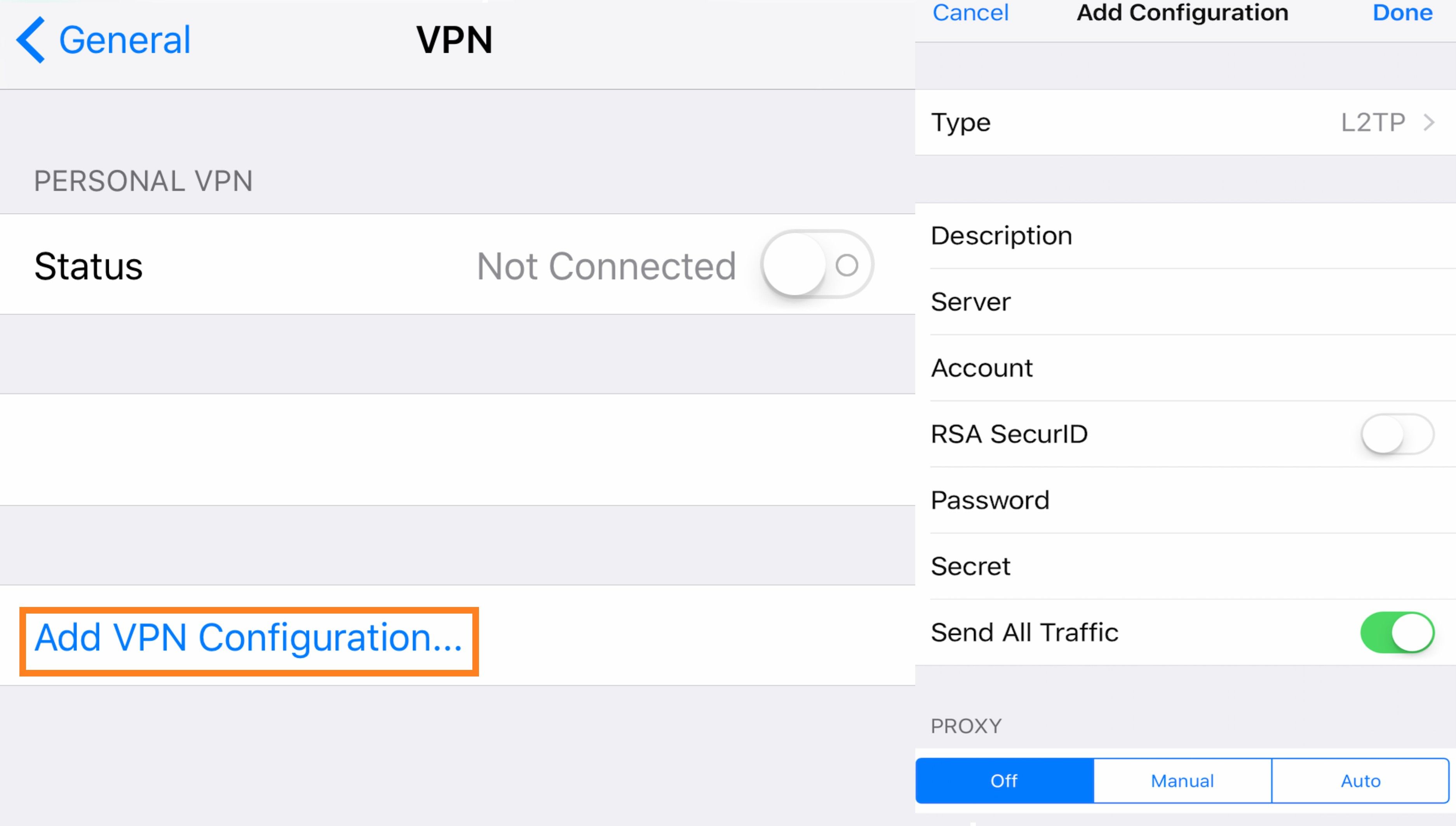 Добавьте конфигурацию VPN, настройки включены. iPhone