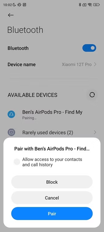 The permissions pop-up window you'll see when pairing AirPods Pro 2 to an Android smartphone.