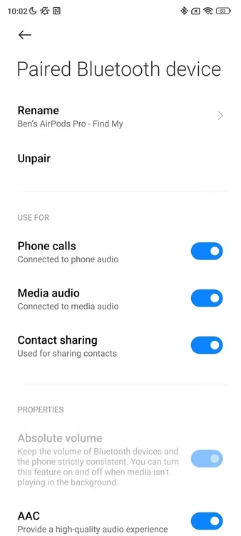 AirPods Pro 2 settings on an Android smartphone.