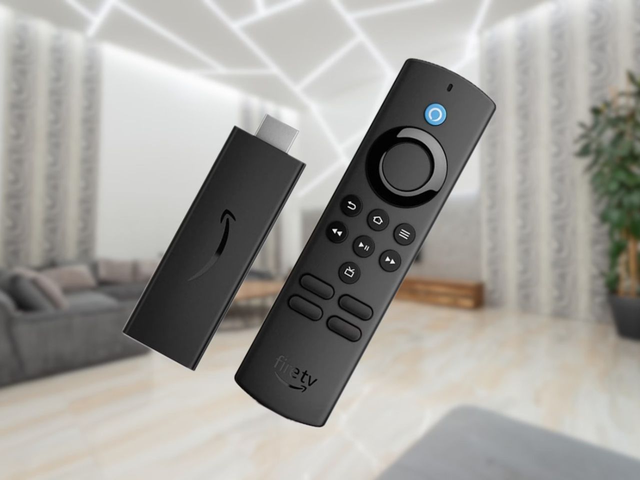 Amazon Fire TV Stick Lite in front of living room that's blurred