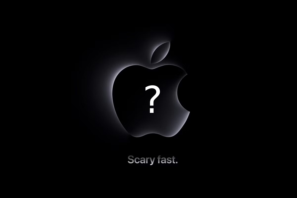 Apple Scary fast event poster with a question mark on the apple logo