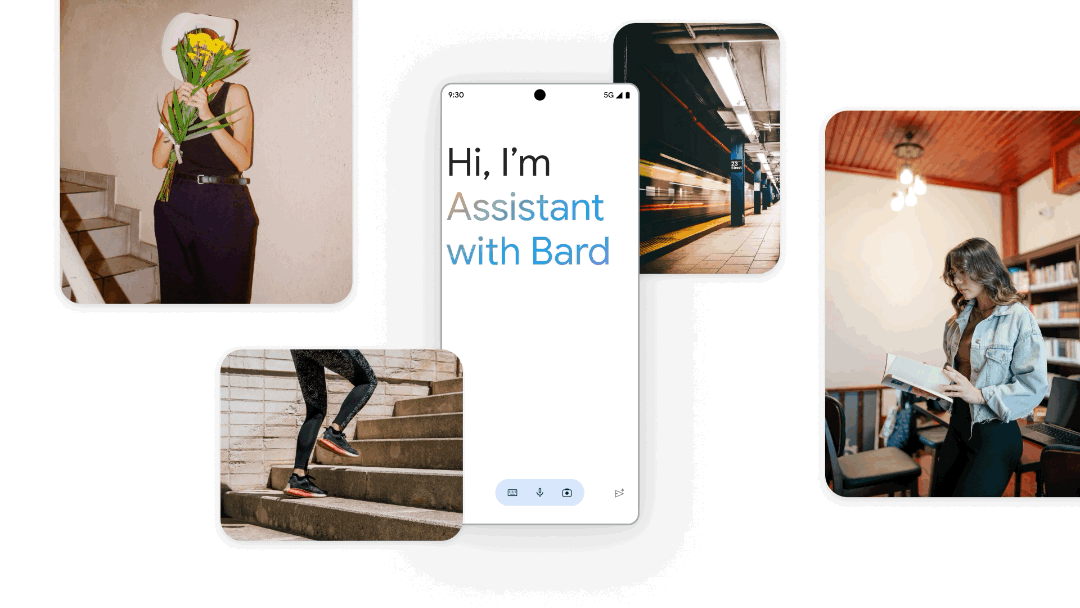 Google Assistant with Bard integration, showing a phone that says 