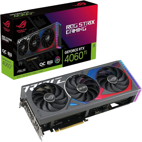 A render showing the Asus ROG Strix RTX 4060 Ti OC next to its retail packaging.