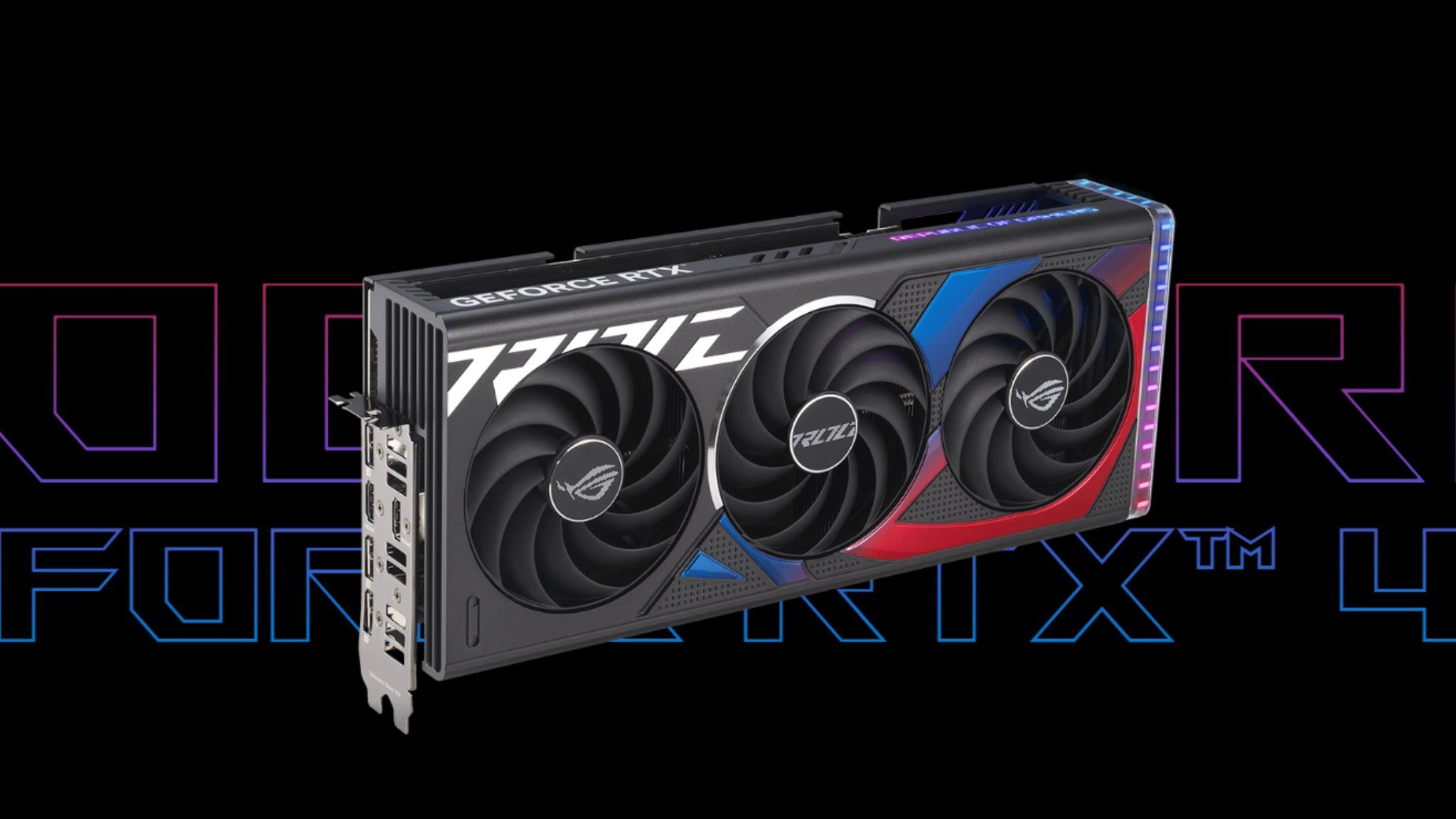 A render showing the Asus ROG Strix RTX 4070 OC Edition over a black colored background with ROG text.