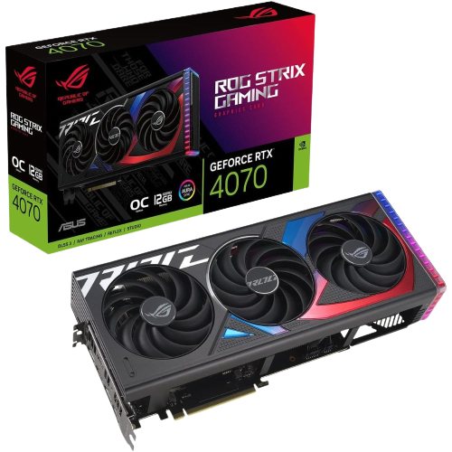 A render showing the Asus ROG Strix RTX 4070 OC next to its retail box.