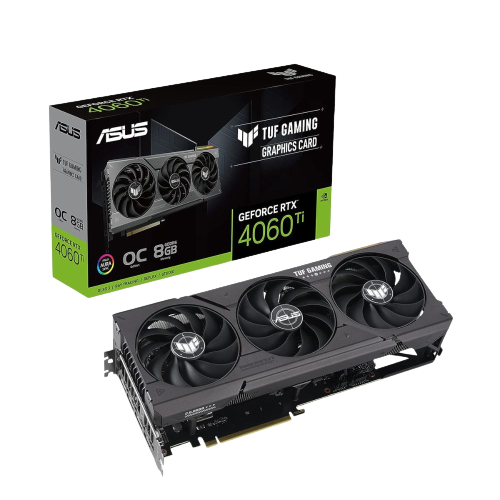 A render showing the Asus TUF Gaming RTX 4060 Ti OC in black color next to its retail packaging.