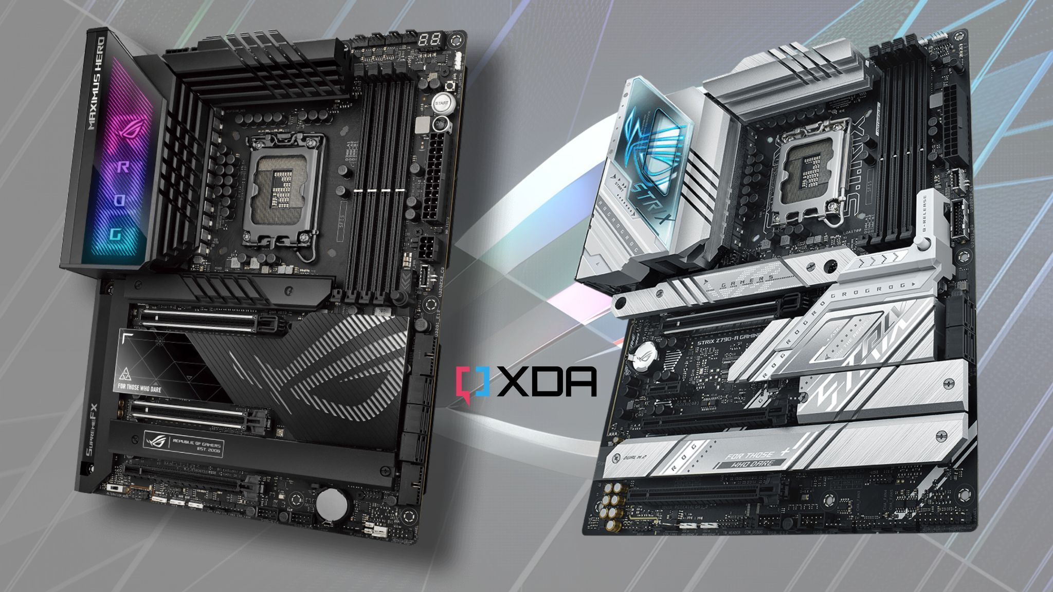 A render showing the Asus ROG Maximus Z790 Hero and Strix Z790 Gaming-A D4 motherboards next to each other with an XDA logo in the middle.