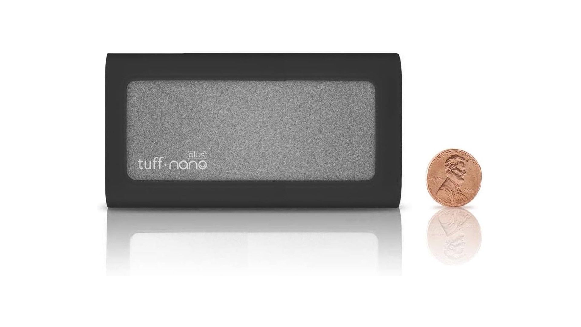 A silver CalDigit Tuff Nano SSD next to a penny
