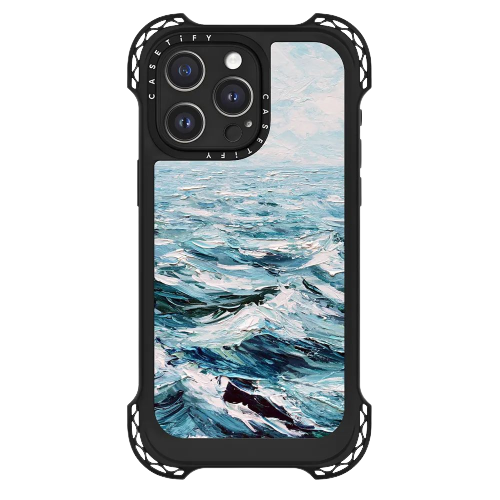 A render showing the CASETiFY Ultra Bounce case for iPhone 15 Pro Max with a sea illustration at the back.