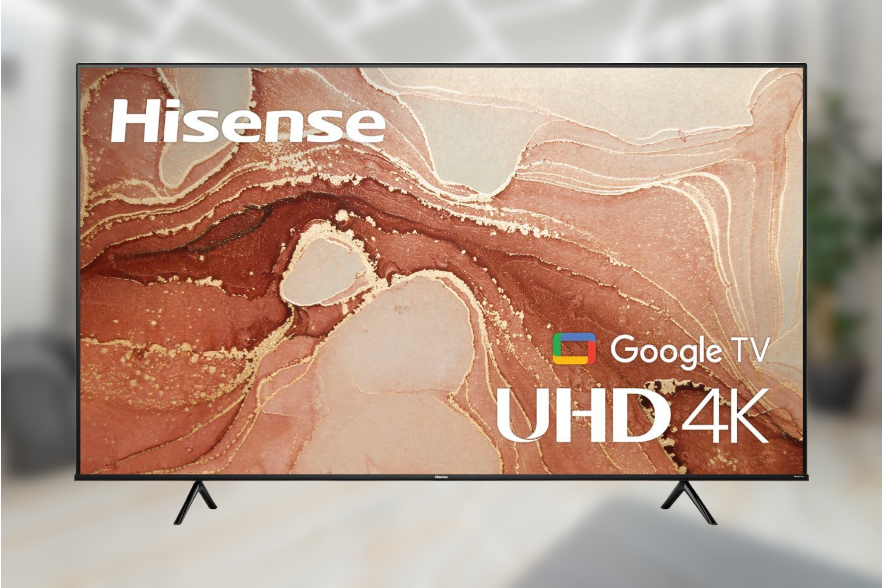 Hisense  Class A7 Series LED 4K UHD Google TV on blurred background on living room 