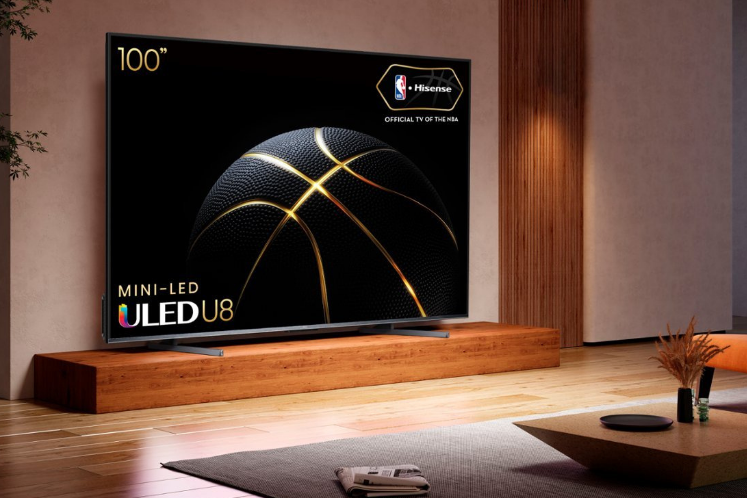 100-Inch Class U8 Series 4K Mini-LED ULED Google TV in living room 