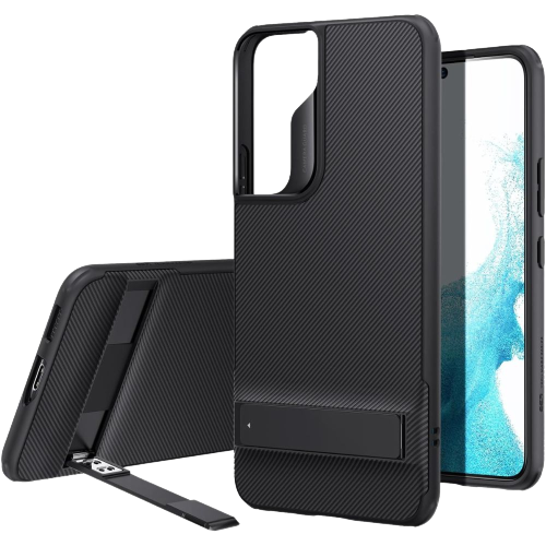 A render showing the ESR metal kickstand case for Galaxy S22 in black color.