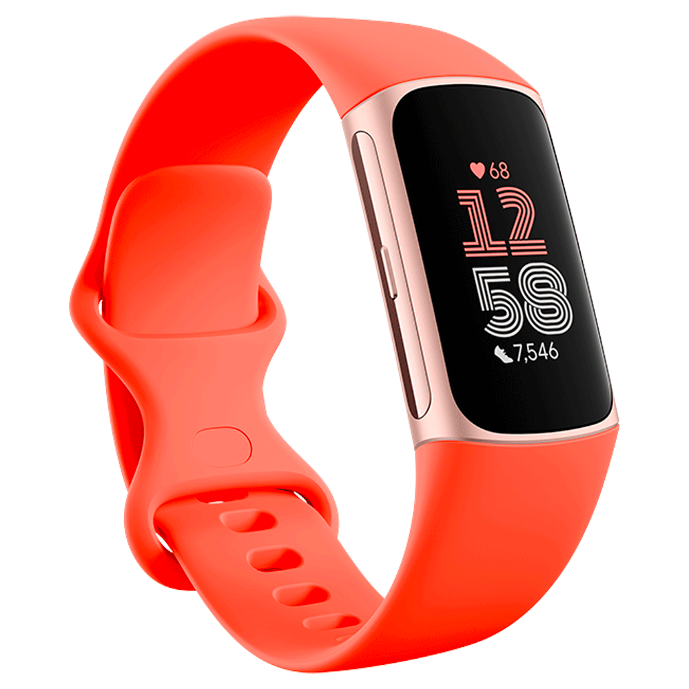 Fitbit Charge 6 in gold and coral with transparent background, 1:1 aspect ratio 