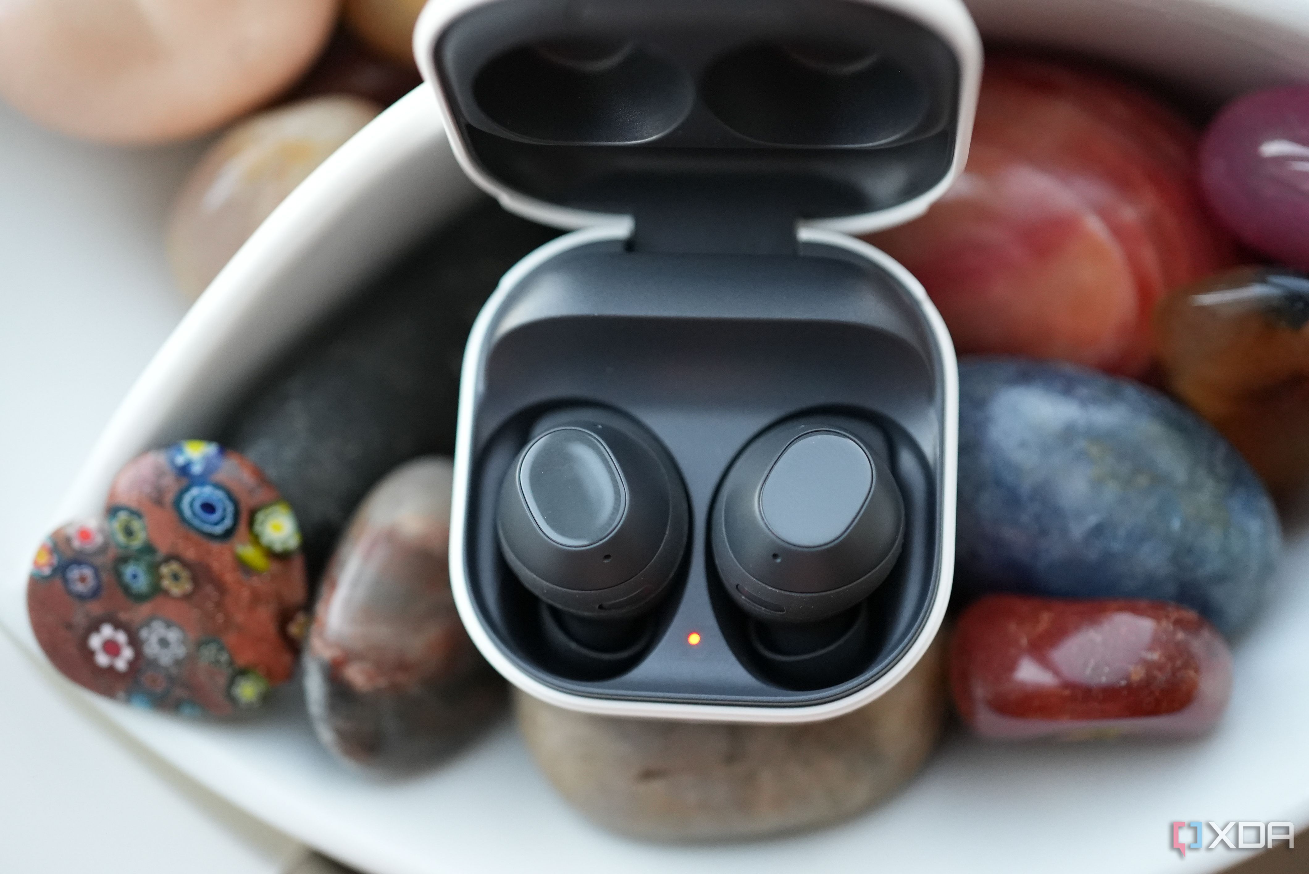 Samsung Galaxy Buds FE in the case, opened up 