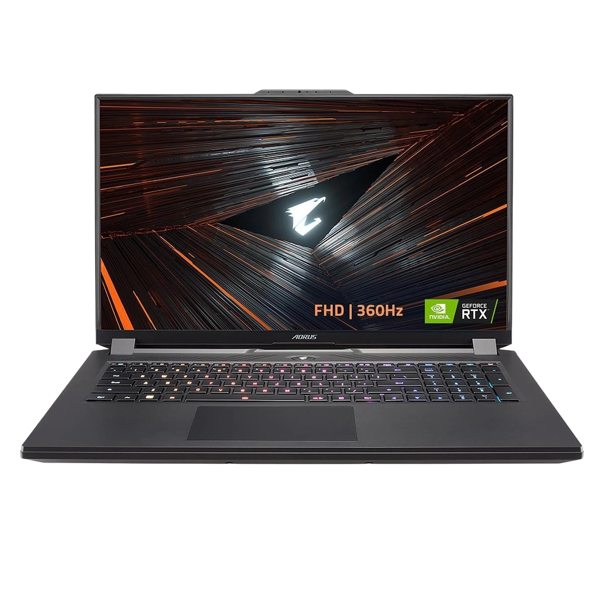 Representación del Gigabyte Aorus 17 YE5 sobre un fondo transparente. El portátil está abierto y visto de frente, mostrando la pantalla de 17 pulgadas, el teclado RGB y el panel táctil.