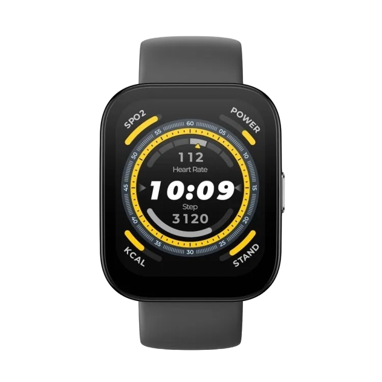 An image of the Amazfit Bip 5 fitness tracker displaying the current time, heart rate, and step count on its vibrant screen.