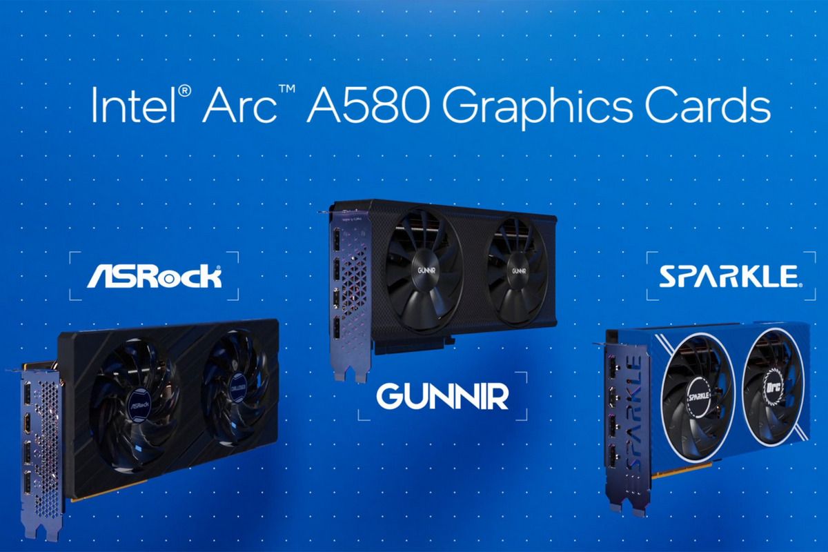 Custom Arc A580 models from AsRock, Gunnir, and Sparkle on a blur background