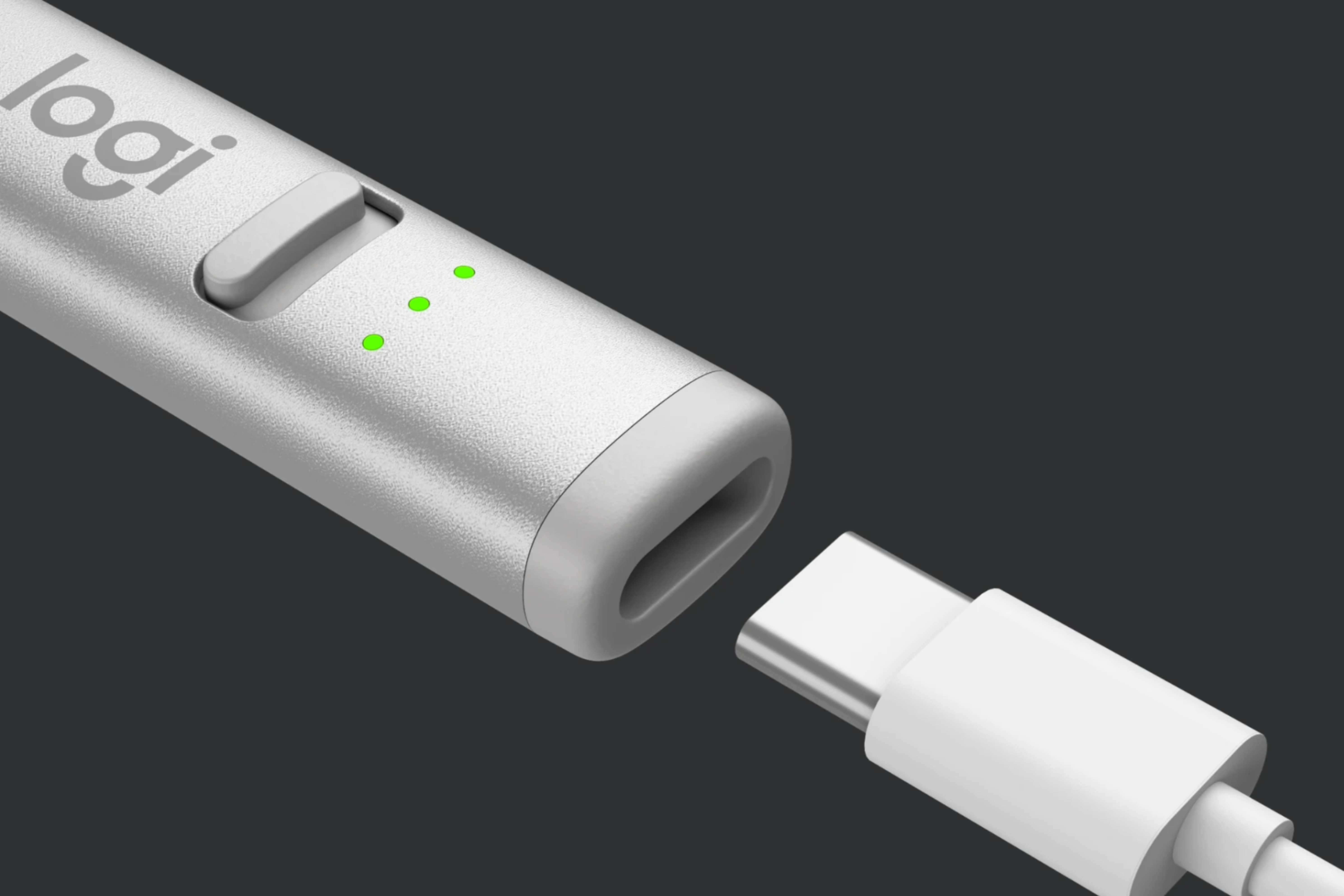 The Logitech Crayon's USB-C port with a USB-C cable.