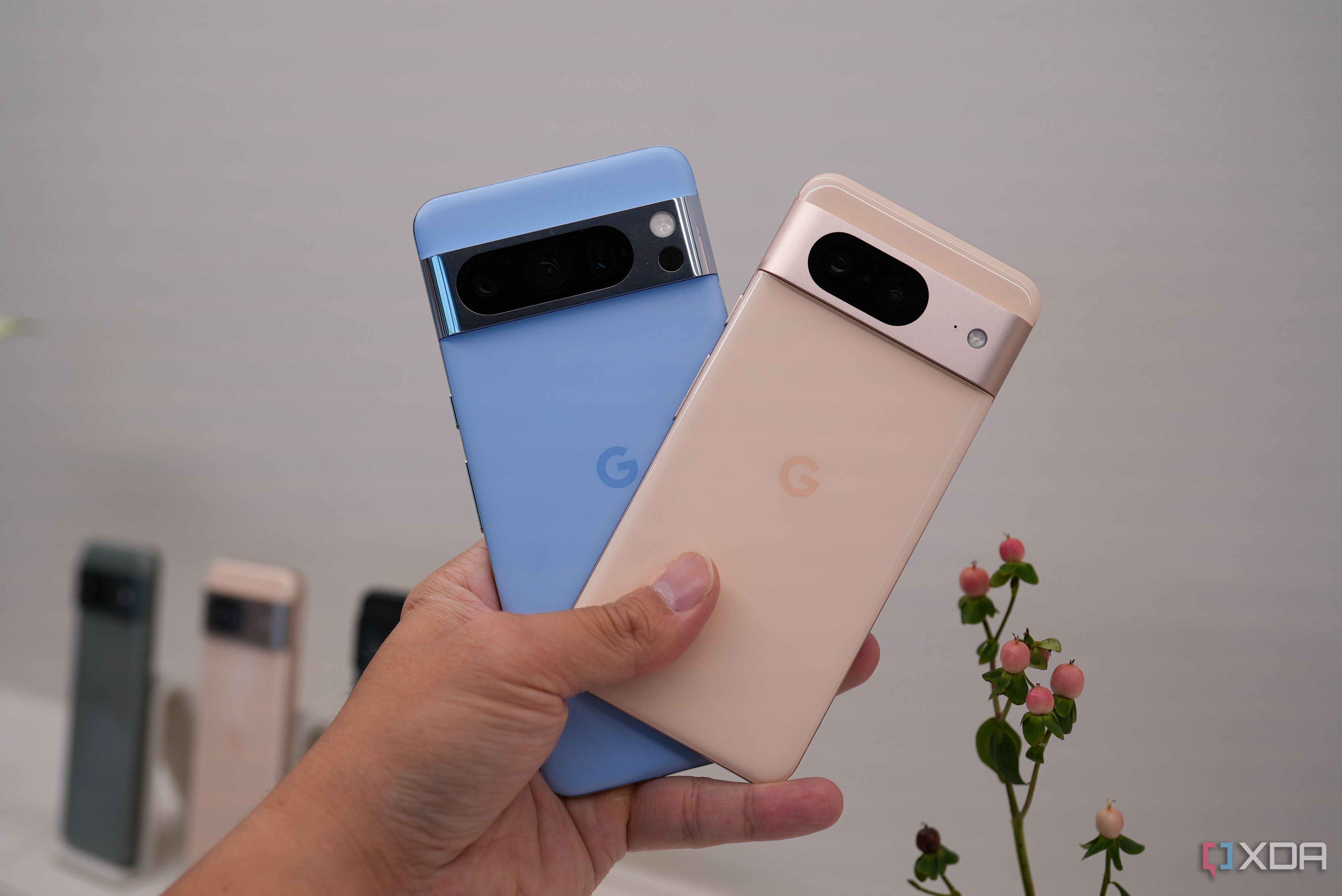 Both Pixel 8 Pro and Pixel 8 in the hand
