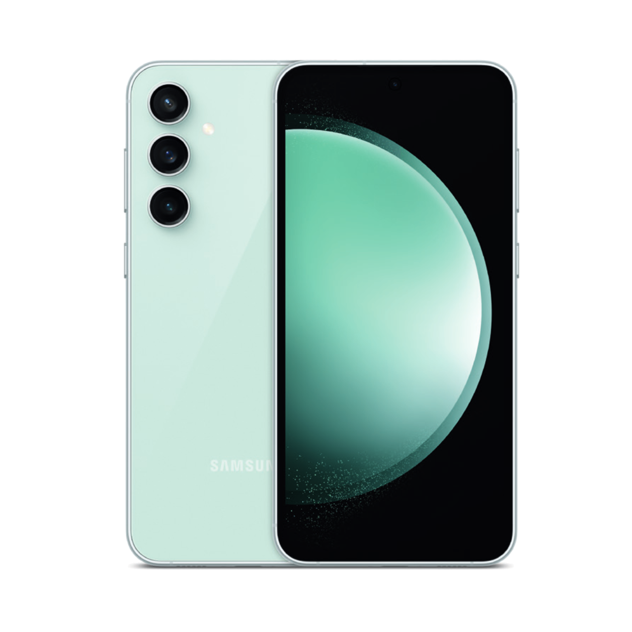 A product image of the front and back of a Mint (green) Samsung Galaxy S23 FE.