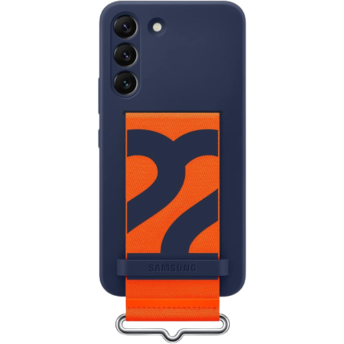 A render showing the Samsung Silicone cover for Galaxy S22 in navy and orange colors.