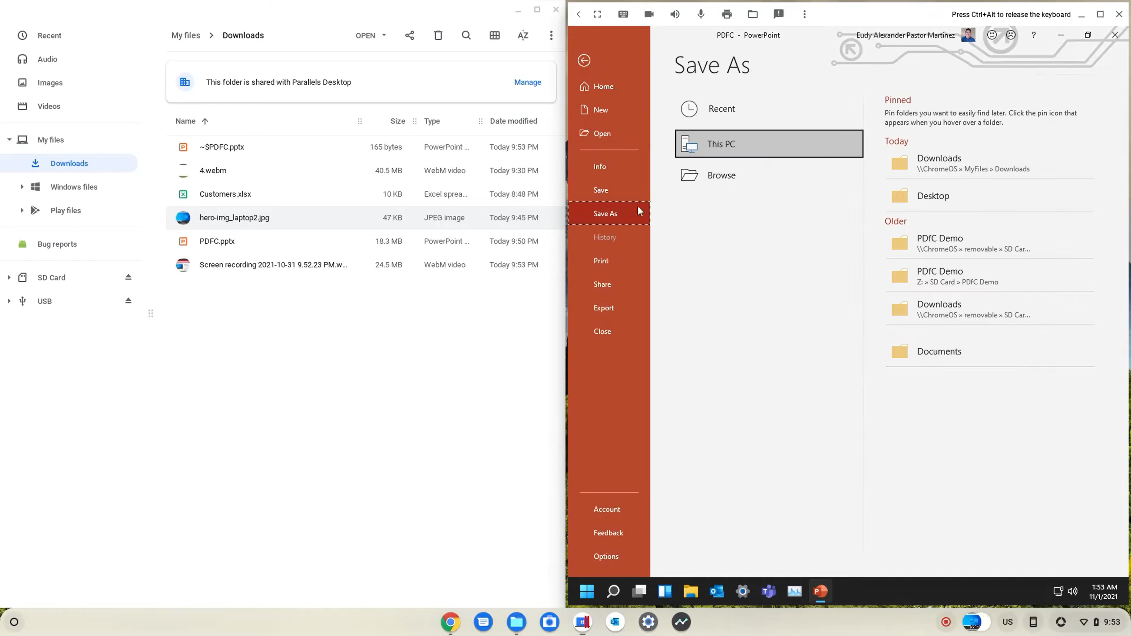 Microsoft Office running in Parallels in ChromeOS