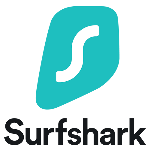 Surfshark logo comprising a white S on a blue pebble and the company name