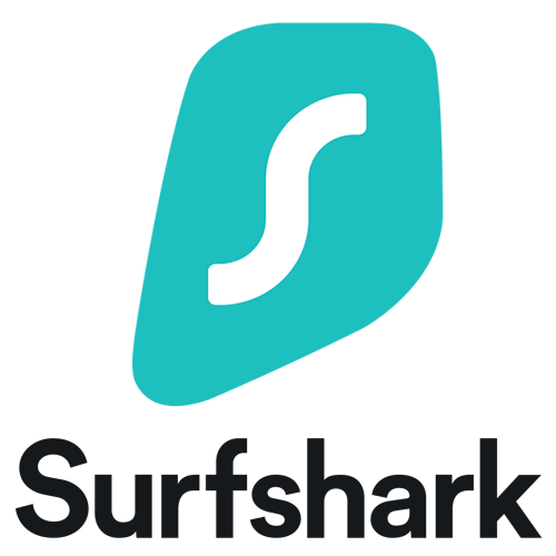 Логотип Surfshark, состоящий из белой буквы S на синем камушке и названия компании.