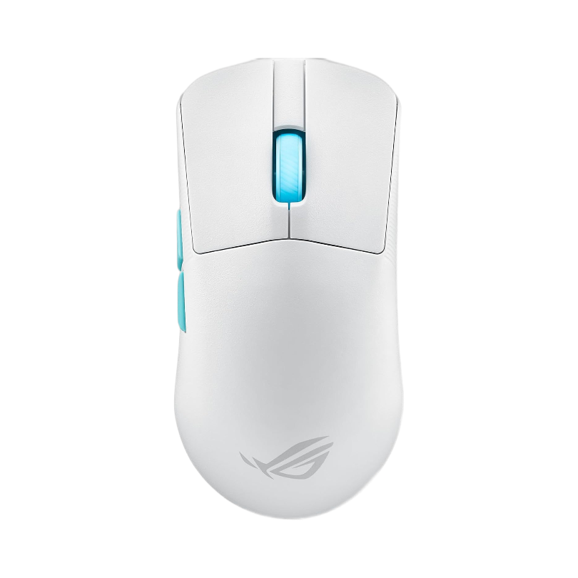 Asus ROG Harpe Ace Aim Lab Edition white wireless mouse, front view