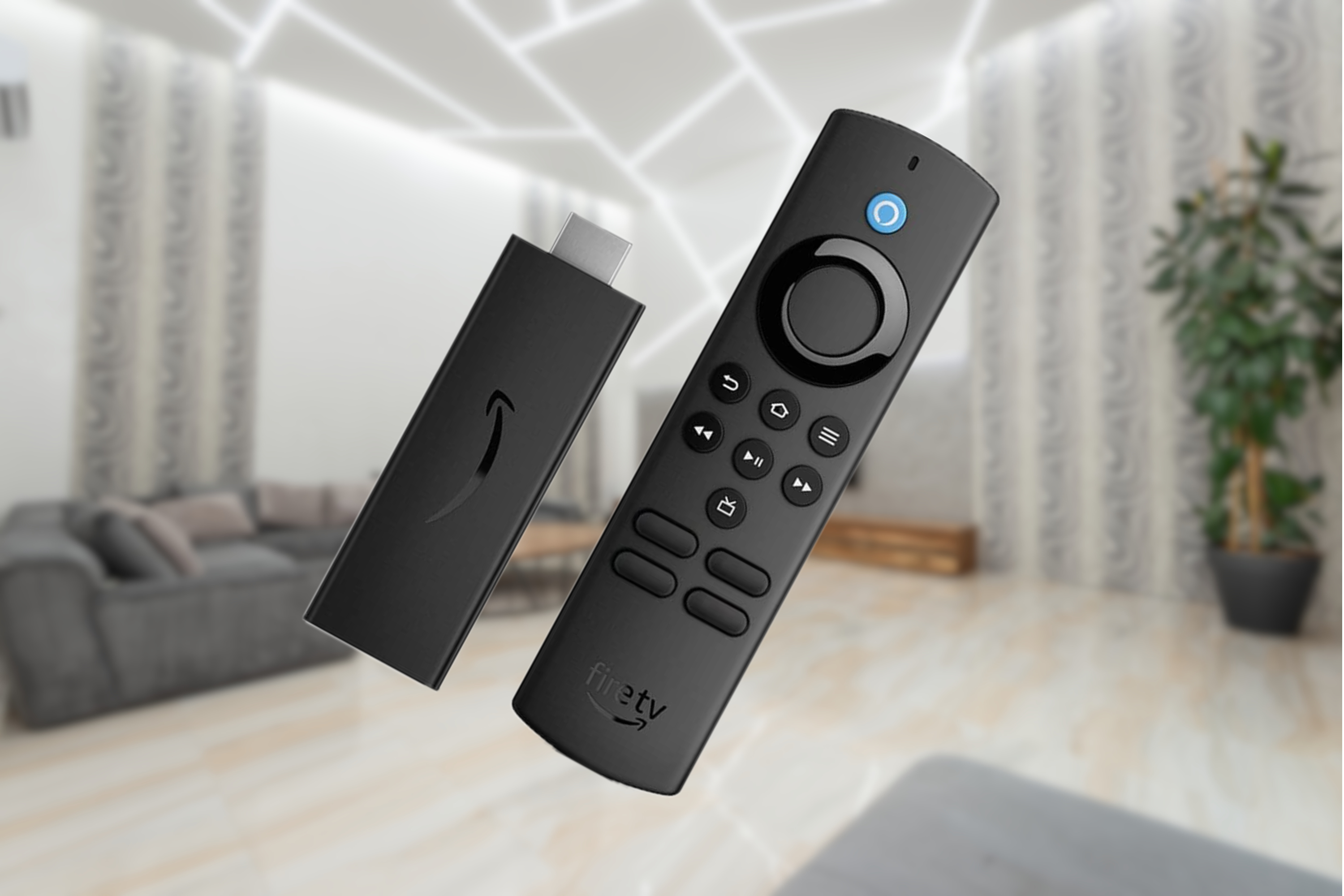 Amazon Fire TV Stick Lite in front of living room that's blurred