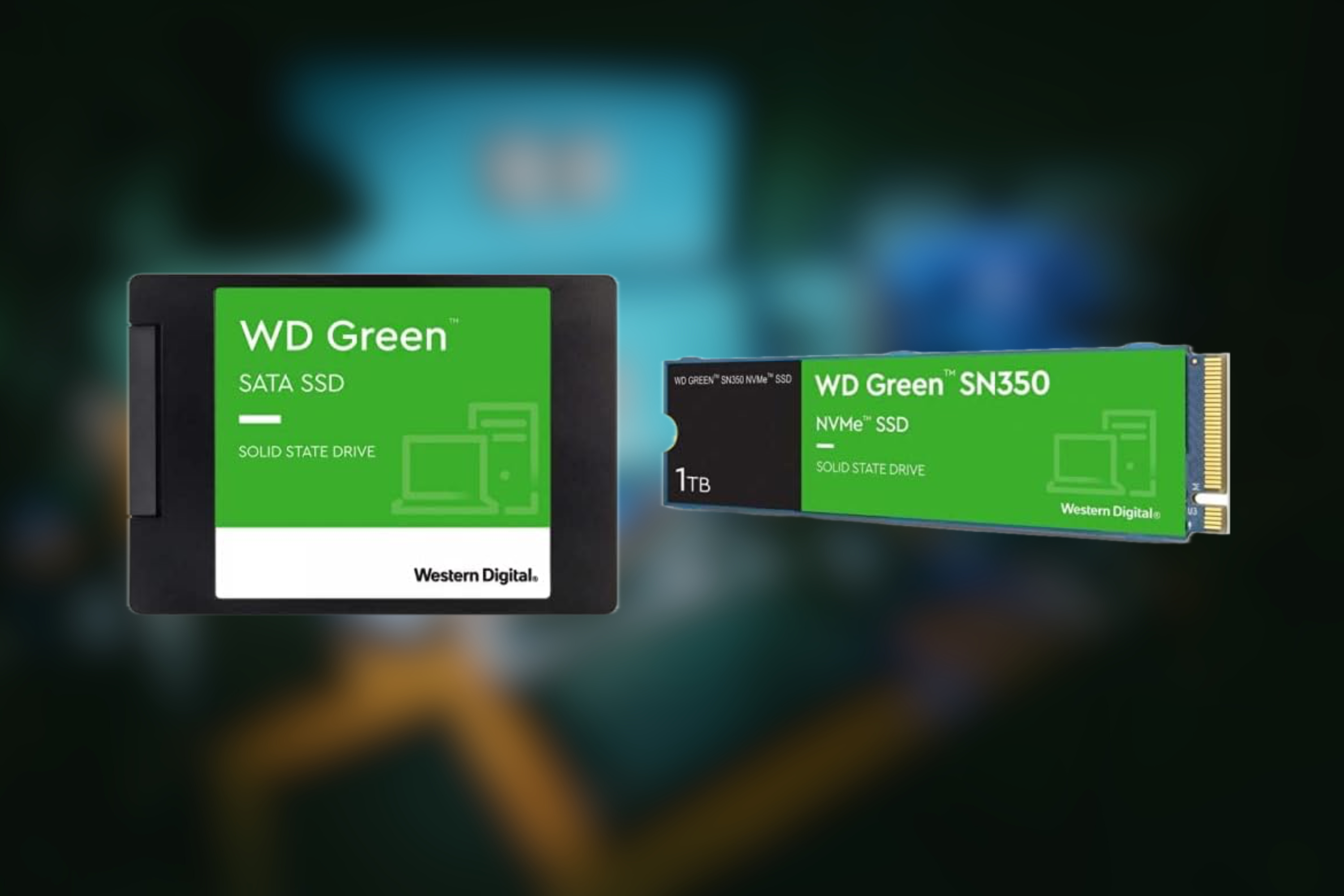 Внутренний твердотельный накопитель Western Digital WD Green емкостью 1 ТБ и внутренний твердотельный накопитель WD Green SN350 NVMe емкостью 1 ТБ на размытом фоне