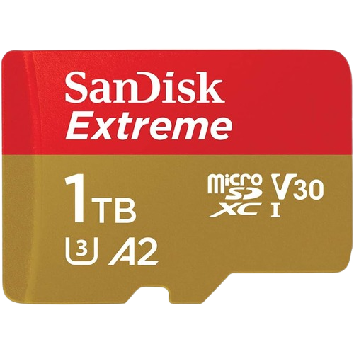 Red and gold SanDisk 1TB Extreme microSD card render