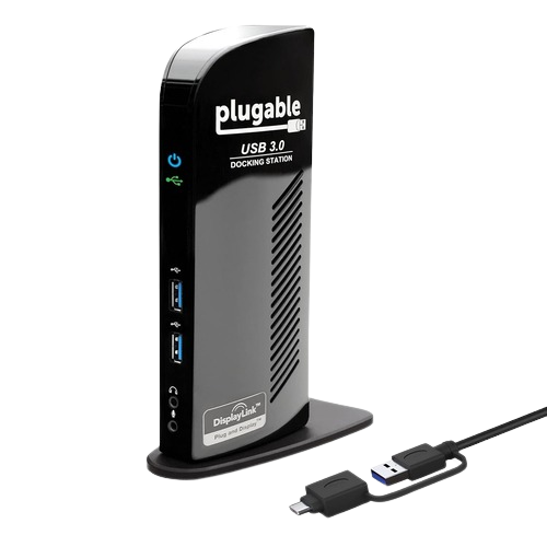 Plugable USB 3.0 Universal Docking Station render along with USB cable
