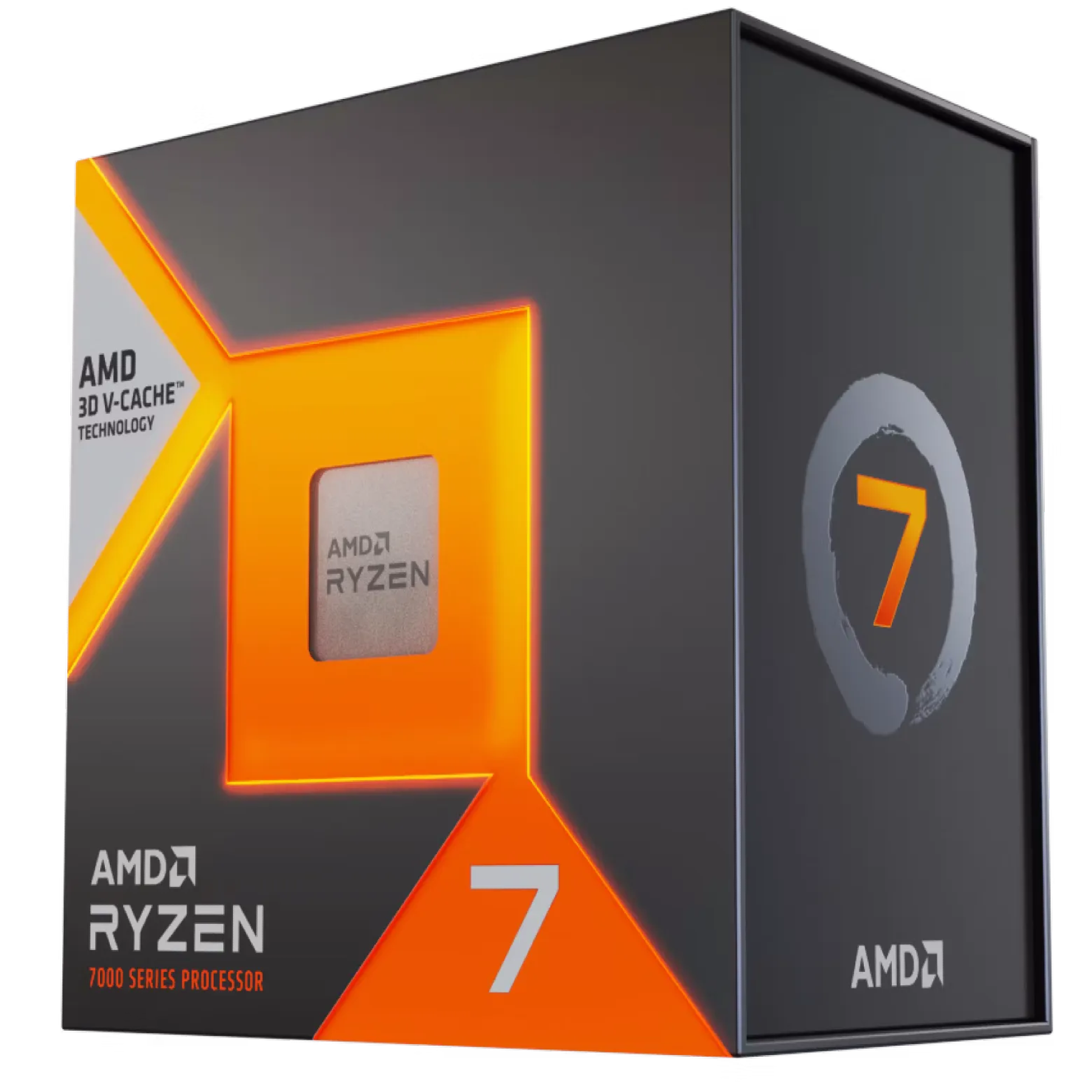 AMD Ryzen 7 7800X3D, angled view in package