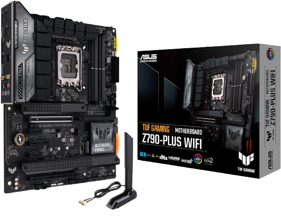 ASUS TUF Gaming Z790-Plus WiFi render with wifi antenna and box