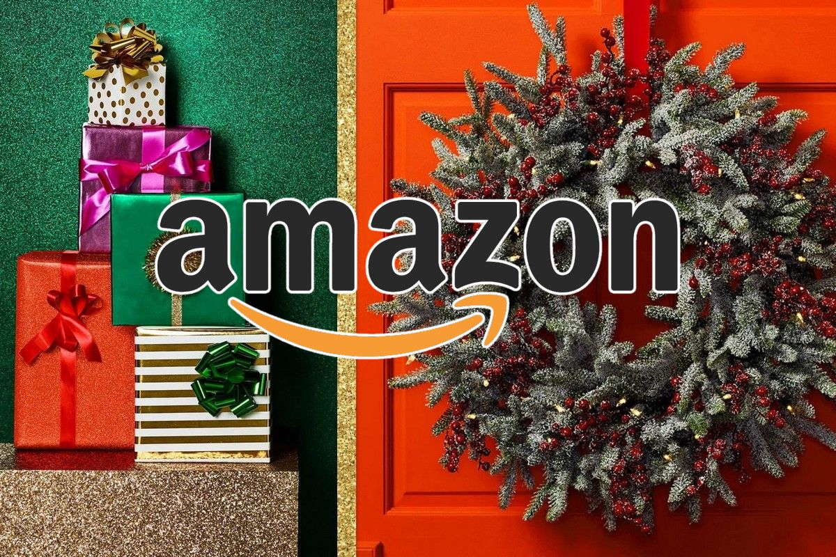 Amazon logo superimposed on image of gift-wrapped boxes