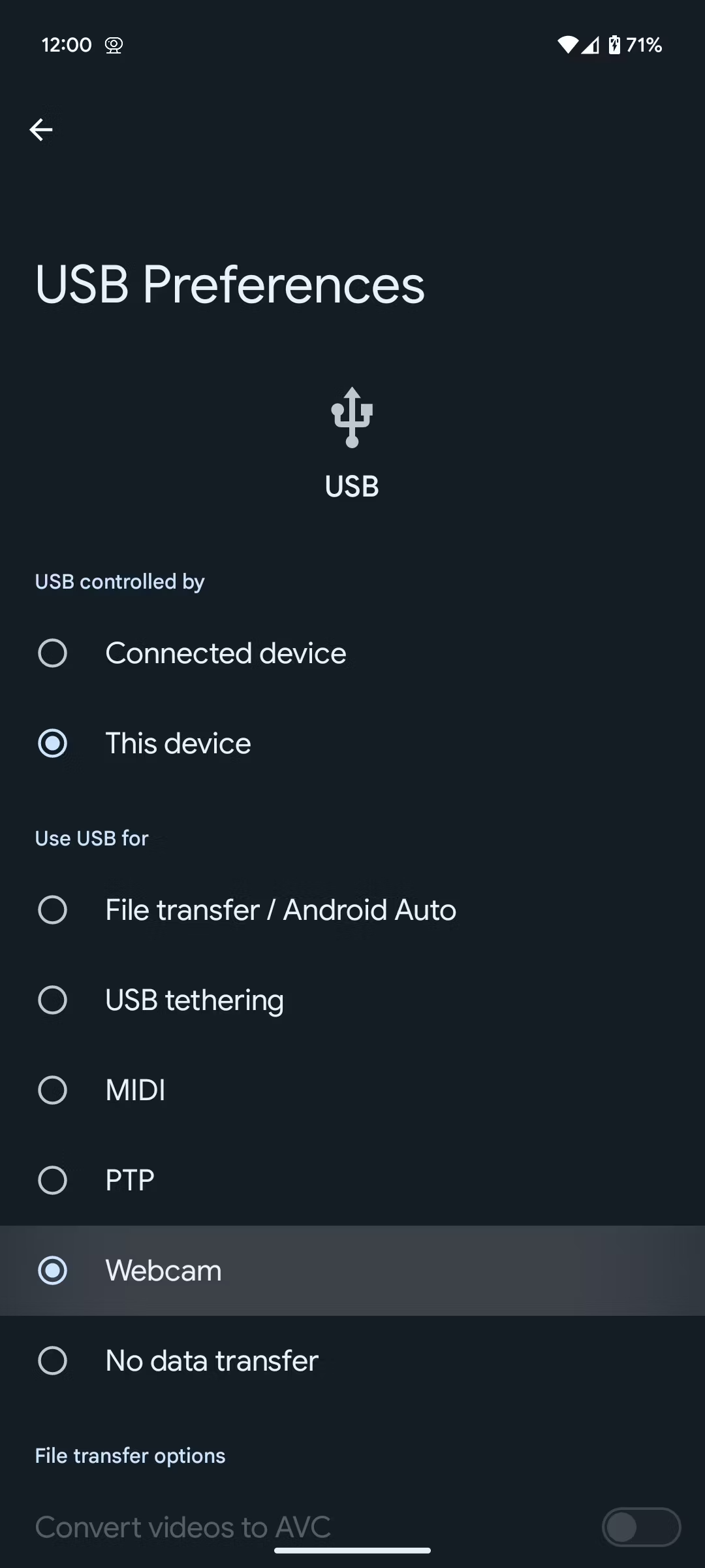 Webcam option in the USB preferences in Android 14 QPR 1