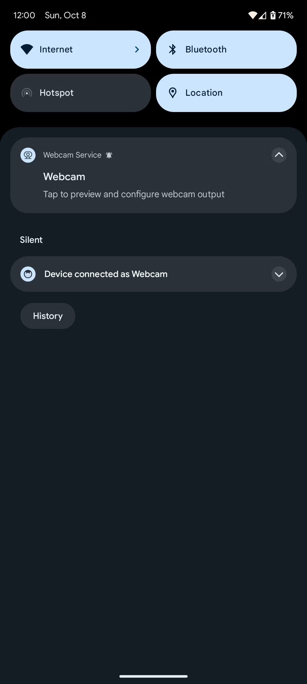 Webcam option selected in the notification shade in Android 14 QPR 1
