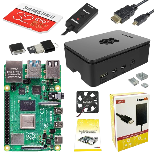 Kit de inicio CanaKit Raspberry Pi 4, componentes ilustrados en un collage