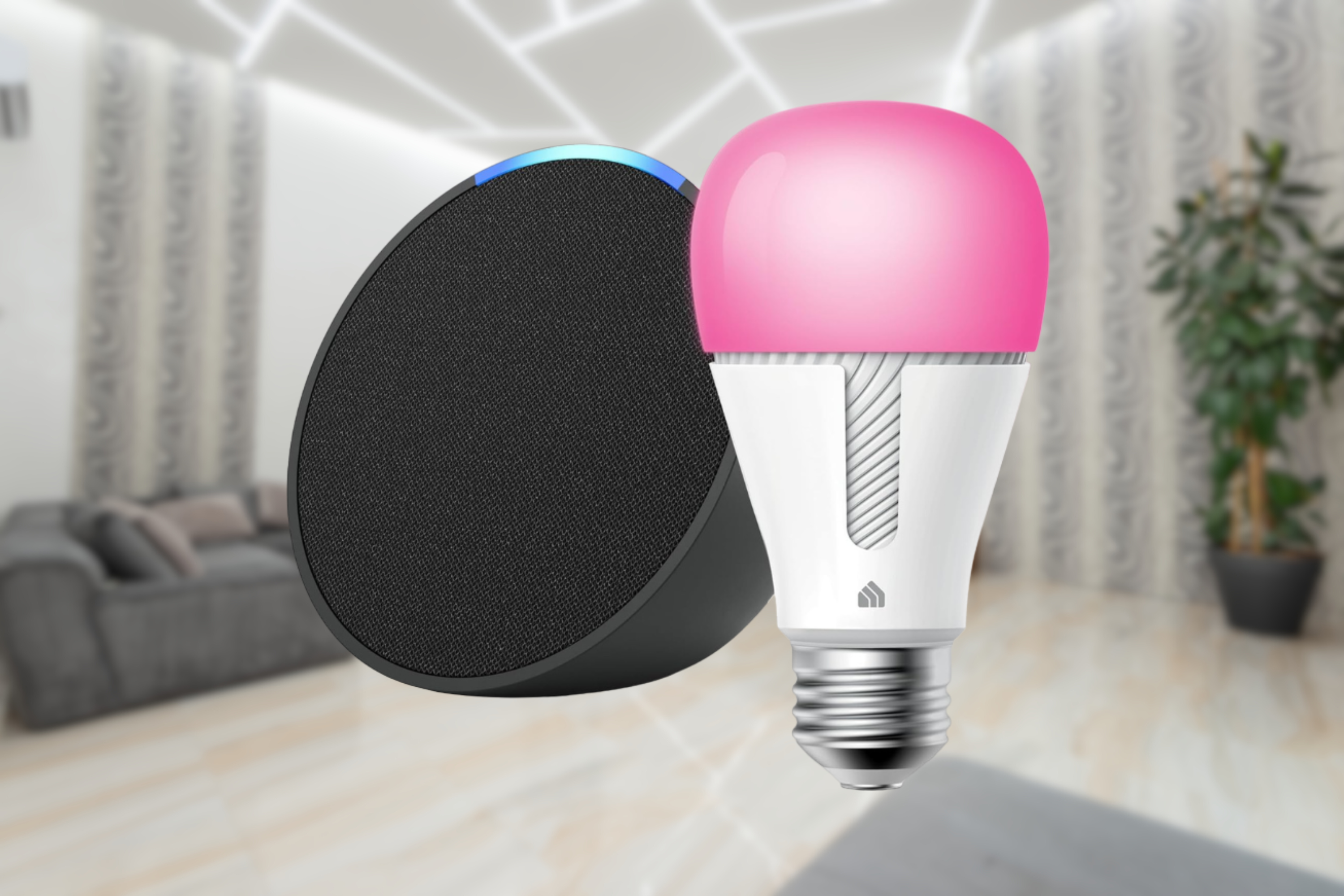 Echo Pop in Charcoal bundle with TP-Link Kasa Smart Color Bulb in front of blurred background of living room